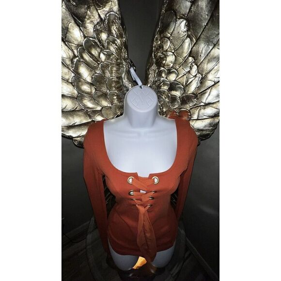 Free People Burnt Orange Lace Up Satin Ribbon Front Long Sleeve Top, Size Xsmall - Picture 6 of 13